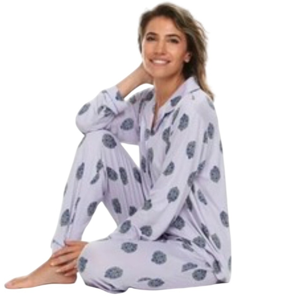 Flora Nikrooz Womens Blue/Purple Damask Print Pajama‎ Set Button Down S